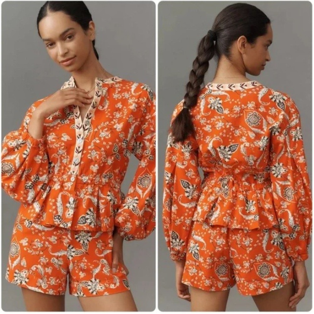 NWT Farm Rio x Anthropologie Long-Sleeve Printed Red Button Front Romper XS